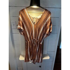 Everly Striped V-Neck Romper Rust Blue White Short Sleeve Elastic Waist Large